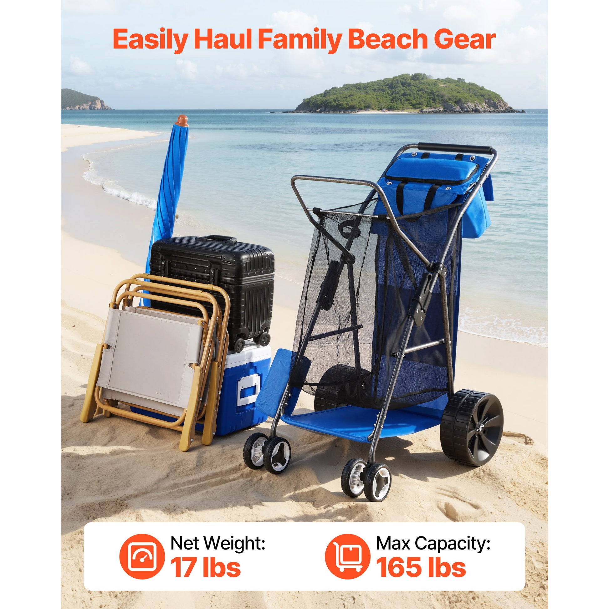 Beach Cart with Large Wheels for Sand, 165 lbs Load Capacity, Heavy Duty Folding Beach Wagon with 10" Solid Wheels, Insulated Cooler Bag, Umbrella Holder, Holds 4 Chairs for Camping & Fishing image 8