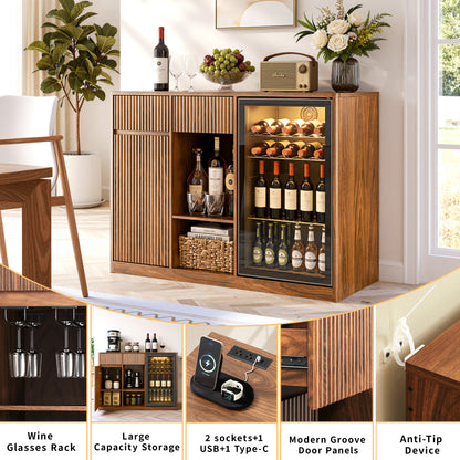 51" Fluted Bar Cabinet with Fridge Space (Fridge Not Included), Modern Coffee Station with Charging Hub & Wine Glass Rack, Walnut Buffet Sideboard for Home Beverage & Liquor Storage. image 8