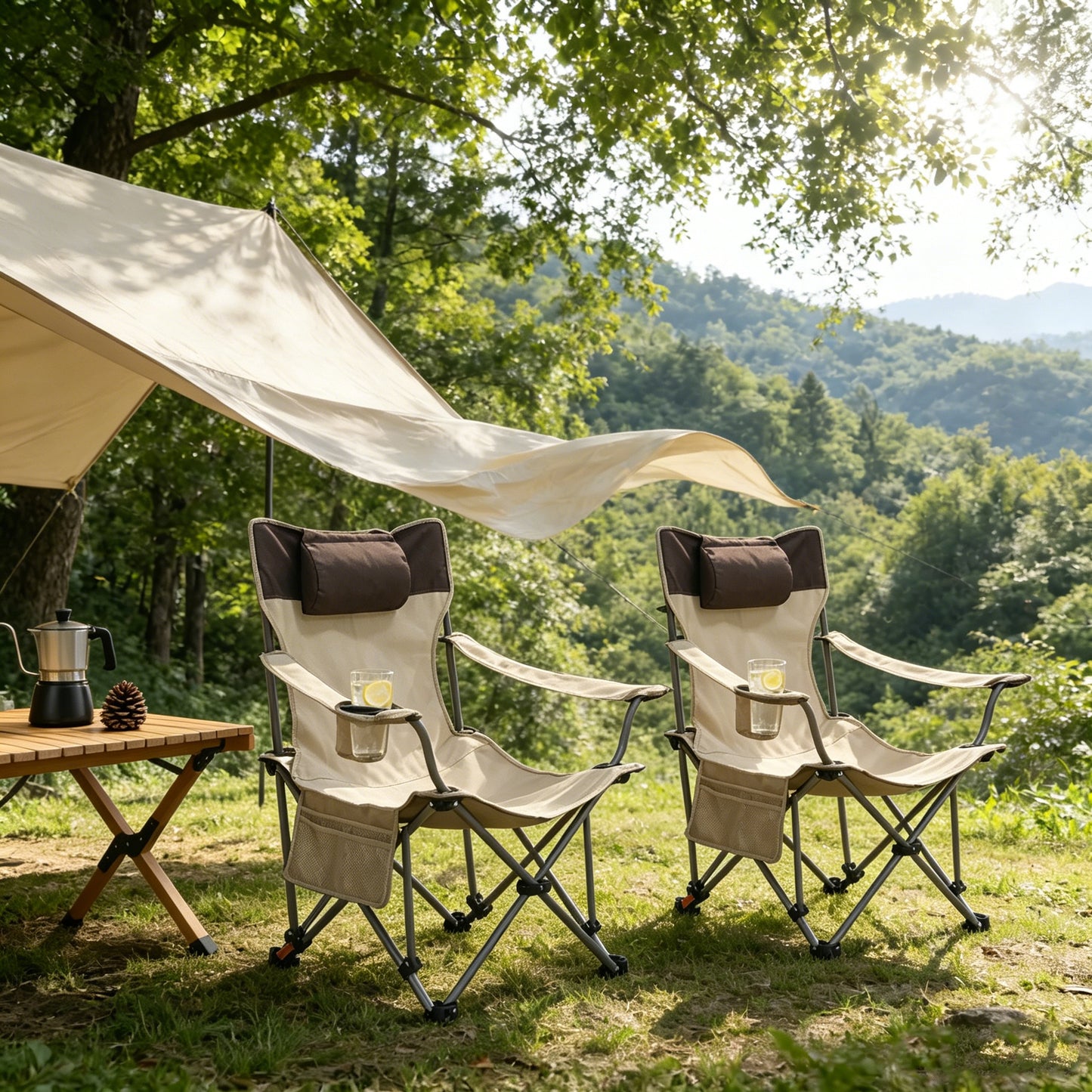 2PCS Outdoor Camping Chairs Folding/Portable/Adjustable reclining chair(Three-level adjustment), Side Pockets & Cup Holder,Carry Bag,Beige image 3