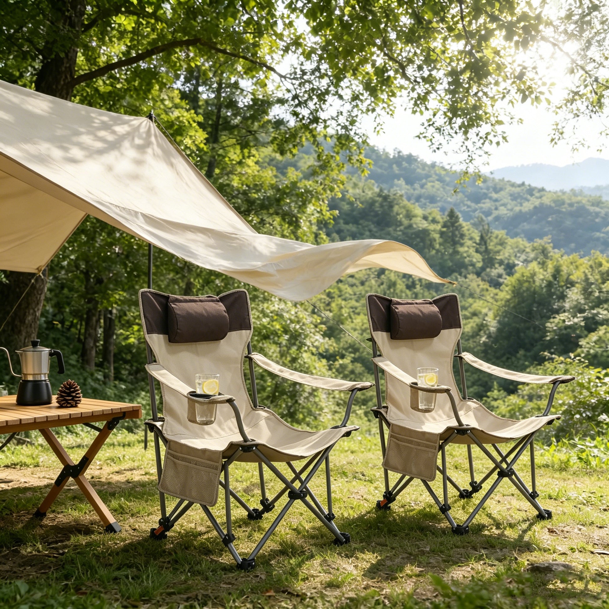 2PCS Outdoor Camping Chairs Folding/Portable/Adjustable reclining chair(Three-level adjustment), Side Pockets & Cup Holder,Carry Bag,Beige image 3