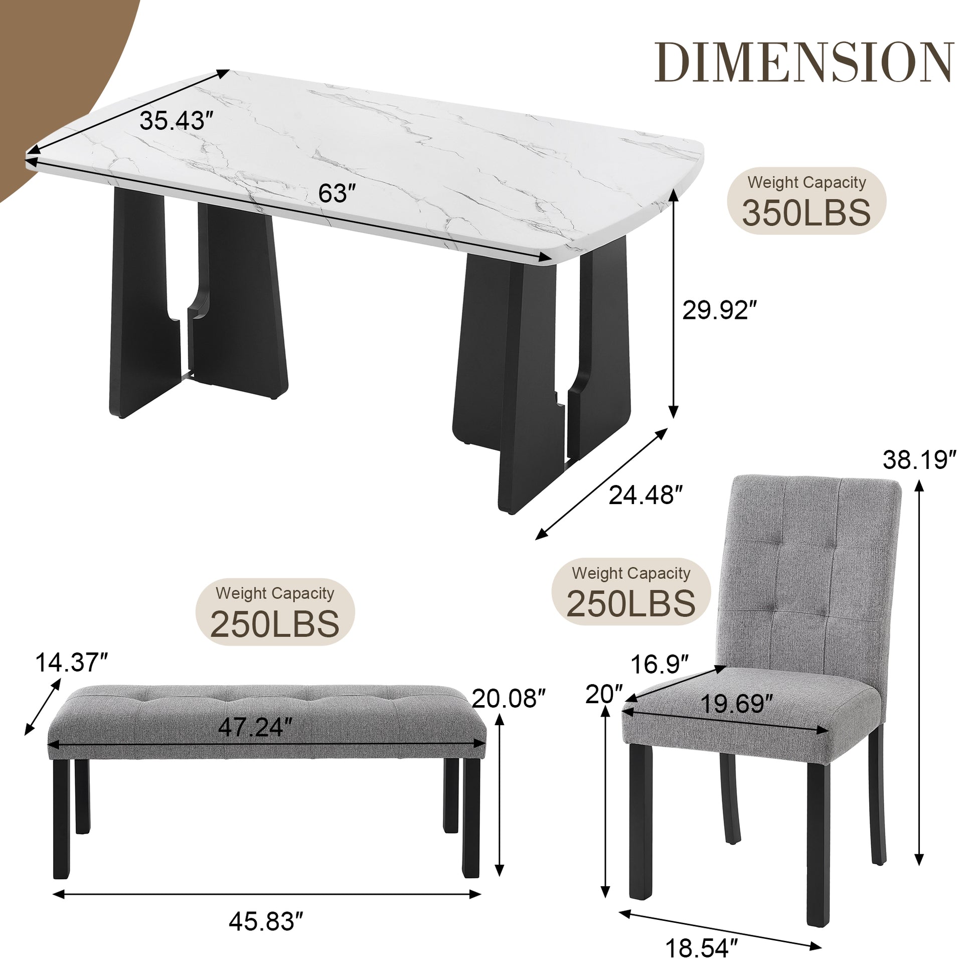 6 Piece Modern Dining Table Set, 63" Faux Marble Dining Table with Geometric Legs & 4 Upholstered Chairs & 1 Bench, Suitable for Dining Kitchen Room,Easy to Assemble, White+Gray image 5