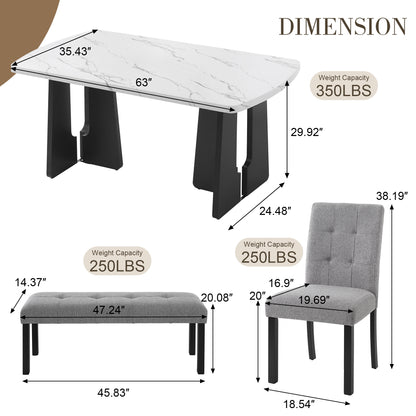 6 Piece Modern Dining Table Set, 63" Faux Marble Dining Table with Geometric Legs & 4 Upholstered Chairs & 1 Bench, Suitable for Dining Kitchen Room,Easy to Assemble, White+Gray image 5