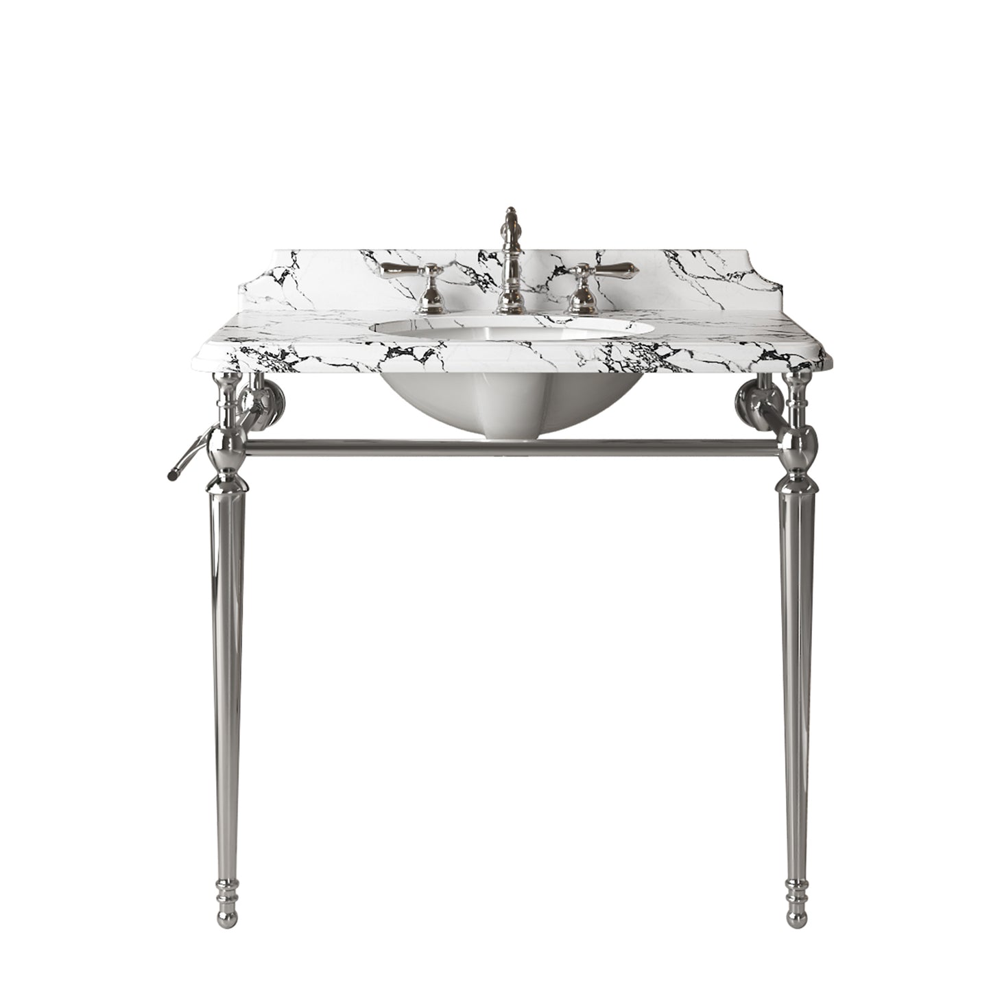 VICI 36" Bathroom Console Sink, Undermount Ceramic Vanity Basin&Panda White Artificial Marble Top with 3 Pre-drilled Faucet Holes, Freestanding Stainless Steel Support Legs with Towel Bar,Chrome Color image 4