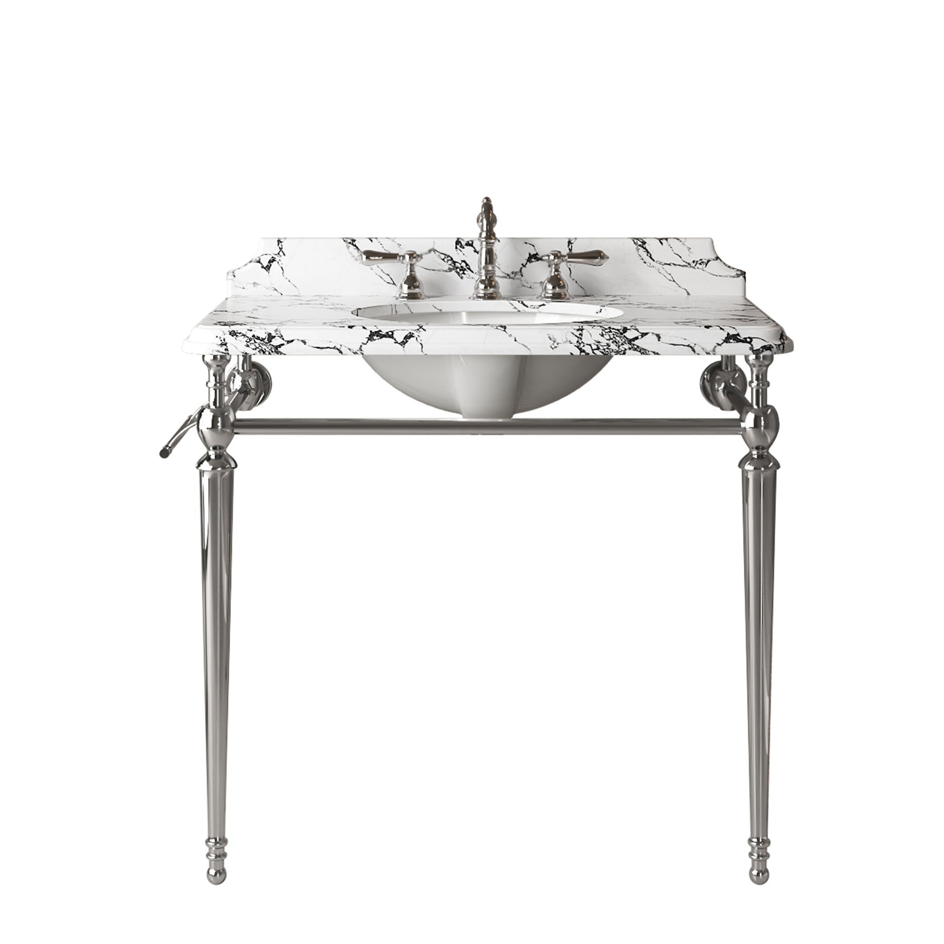 VICI 36" Bathroom Console Sink, Undermount Ceramic Vanity Basin&Panda White Artificial Marble Top with 3 Pre-drilled Faucet Holes, Freestanding Stainless Steel Support Legs with Towel Bar,Chrome Color image 4