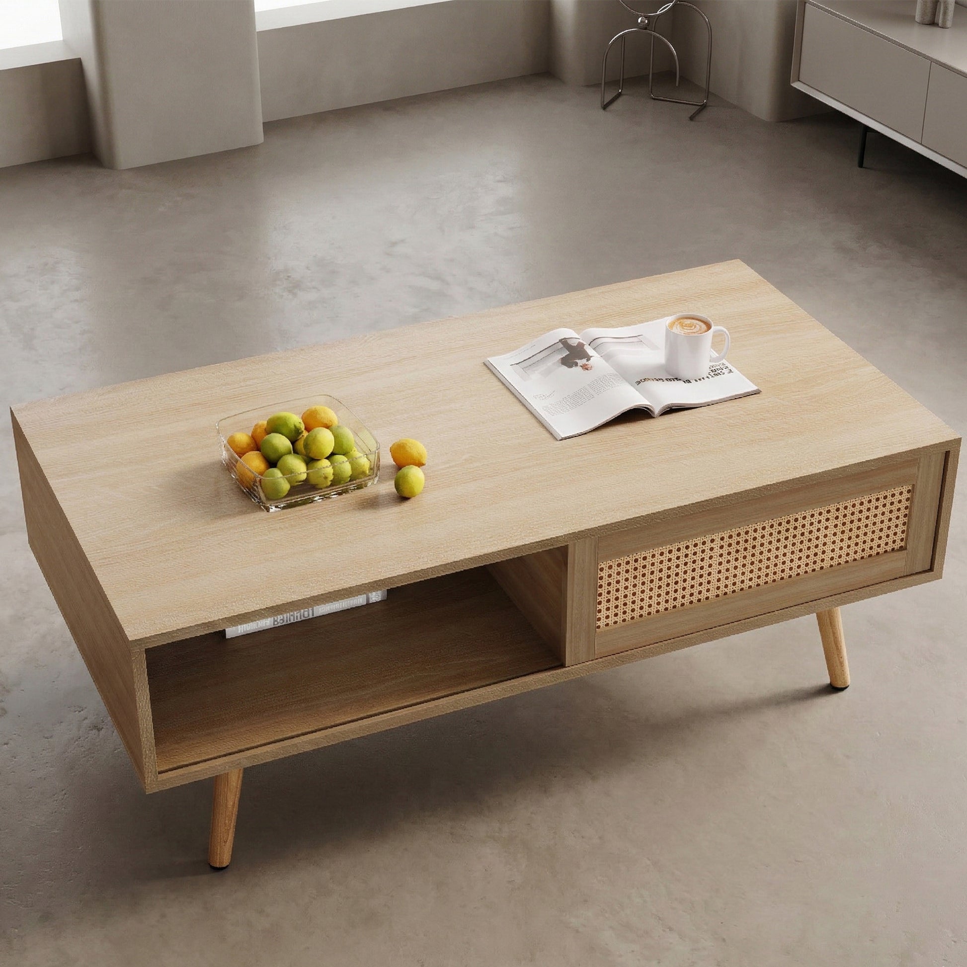 41.34" Rattan Coffee table, sliding door for storage, solid wood legs, Modern table for living room, natural image 5
