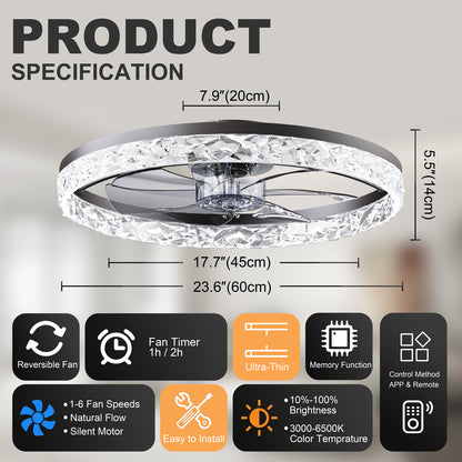 23.6" Ceiling Fans with Lights Remote and APP Control, Dimmable 3-Color and 6-Speed quiet DC Motor, BLACK Ceiling Fan for Bedroom Living Room image 8
