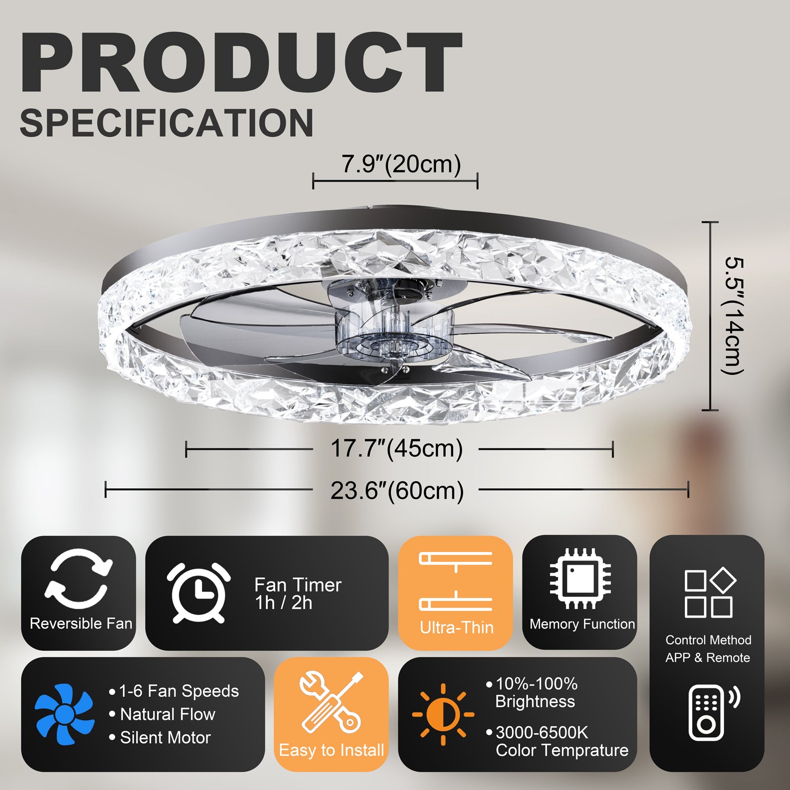 23.6" Ceiling Fans with Lights Remote and APP Control, Dimmable 3-Color and 6-Speed quiet DC Motor, BLACK Ceiling Fan for Bedroom Living Room image 8