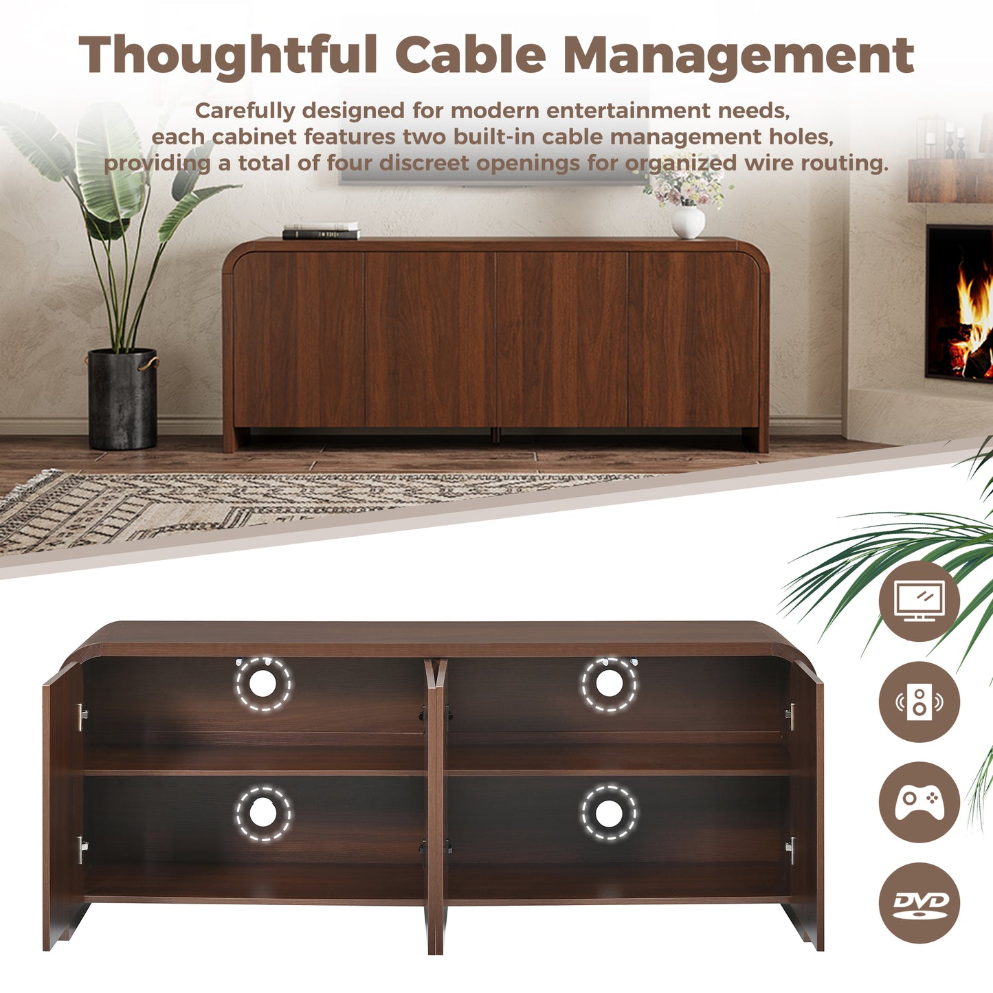 Farmhouse Curved Edge TV Stand with Large Cabinets for TVs up to 70", Minimalist Wood Grain Media Console with Cable Management, Mid Century TV Cabinet with Adjustable Shelves for Living Room, Walnut image 5