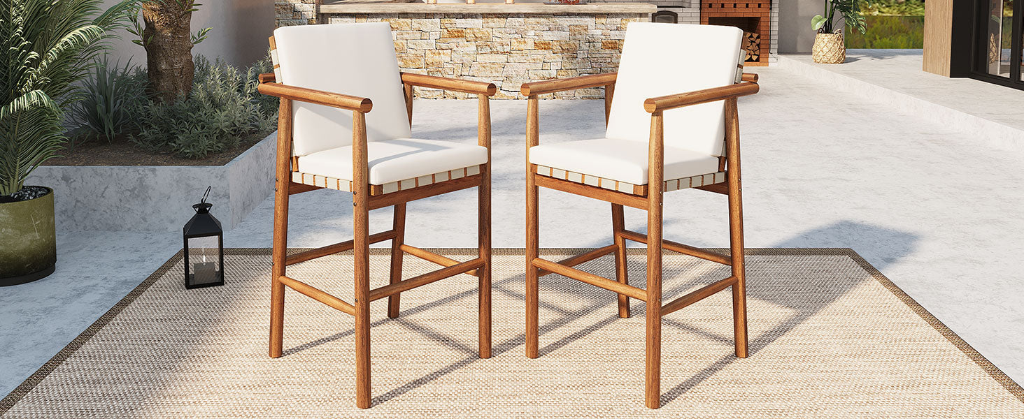 Outdoor Counter Height Bar Stools Chair Set of 2, Modern Patio Acacia Wooden Stools with Backrest Arm and Webbing Seat, for Patio, Pool, Garden, Beige Cushions Included image 6
