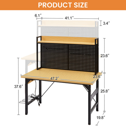 48''Adjustable Workbench with pegboard, Heavy Duty Wooden Desktop Workbench with Wheels, 1600 lb. Load Capacity, Rolling Workbench with AC/USB Outlet, Hooks, Shelf, for Garage, Workshop, Office, Home. image 5