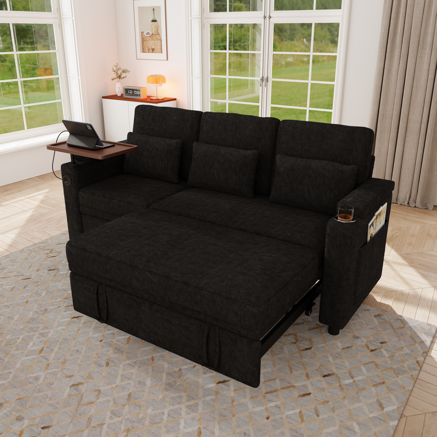 83-inch 3-in-1 foldable three-person sofa bed with a table board and USB ports, armrests with storage function. High-quality chenille three-person sofa. The sofa bed features adjustable backrest and p image 6