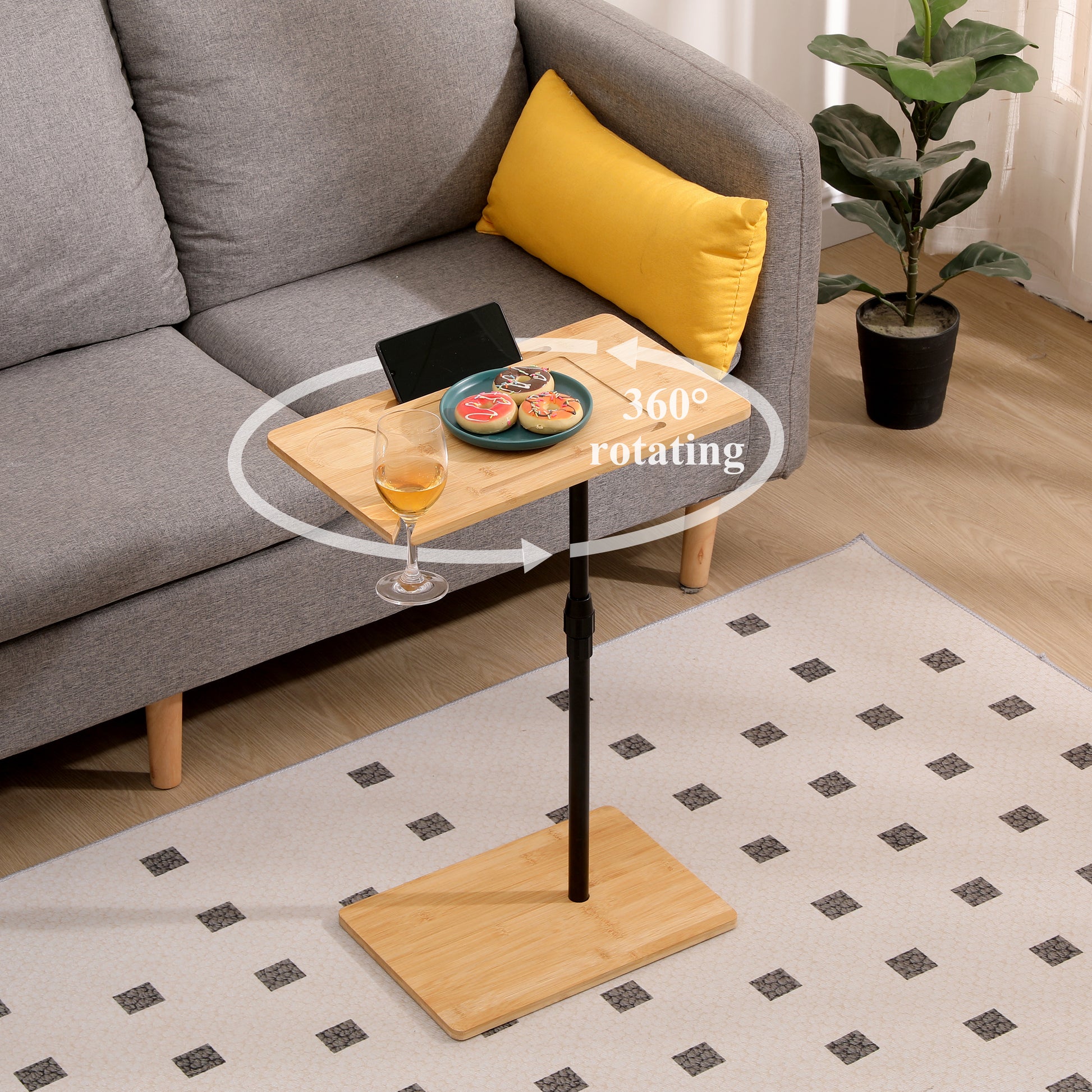 Bamboo Couch Tray Table Height Adjustable C-Shaped End Table with Slots 2 Tier Sofa Side Table for Living Room & Bedroom (Rectangle + Rectangle) image 2