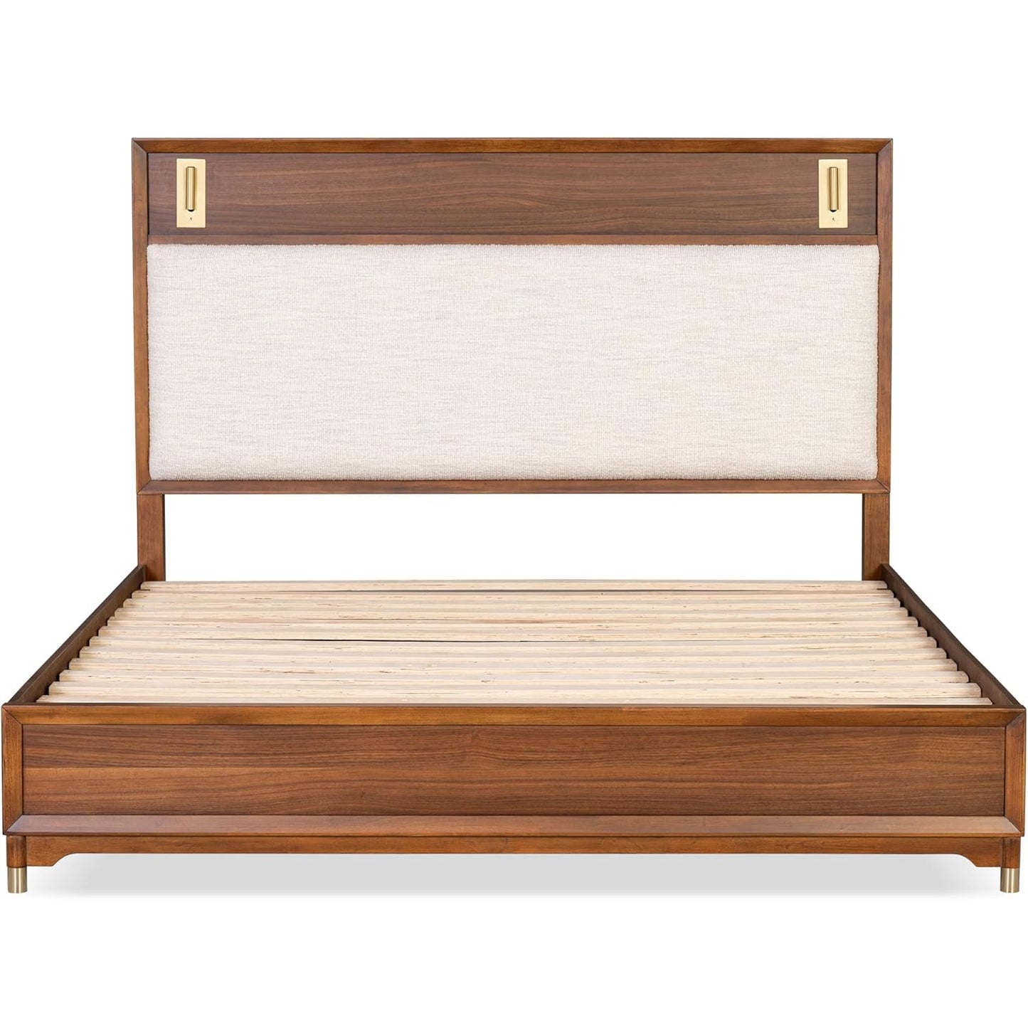 Mid-Century Modern Beautiful 1pc Queen Size Bed Walnut Solid wood Upholstered HB w Reading Light Bedroom Furniture image 2