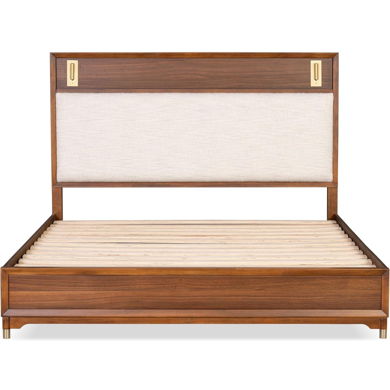 Mid-Century Modern Beautiful 1pc Queen Size Bed Walnut Solid wood Upholstered HB w Reading Light Bedroom Furniture image 2