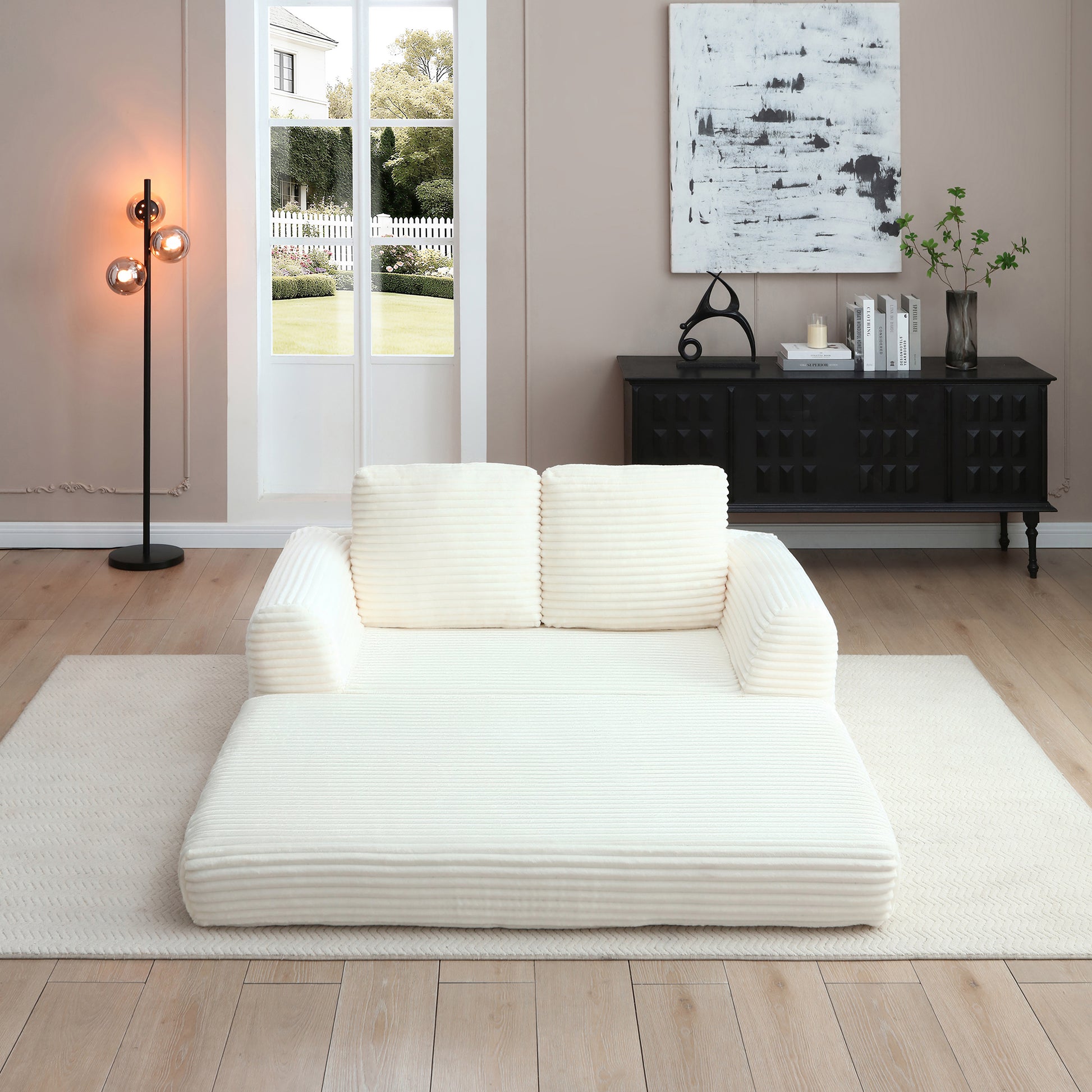2-in-1 Folding Convertible Sofa Bed, Modern Corduroy Sleeper Couch with 2*pillows, Futon Modular Upholstered Boneless Loveseat with Pull-Out Bed,Folding Floor Modular Couch for Living Room Beige image 3