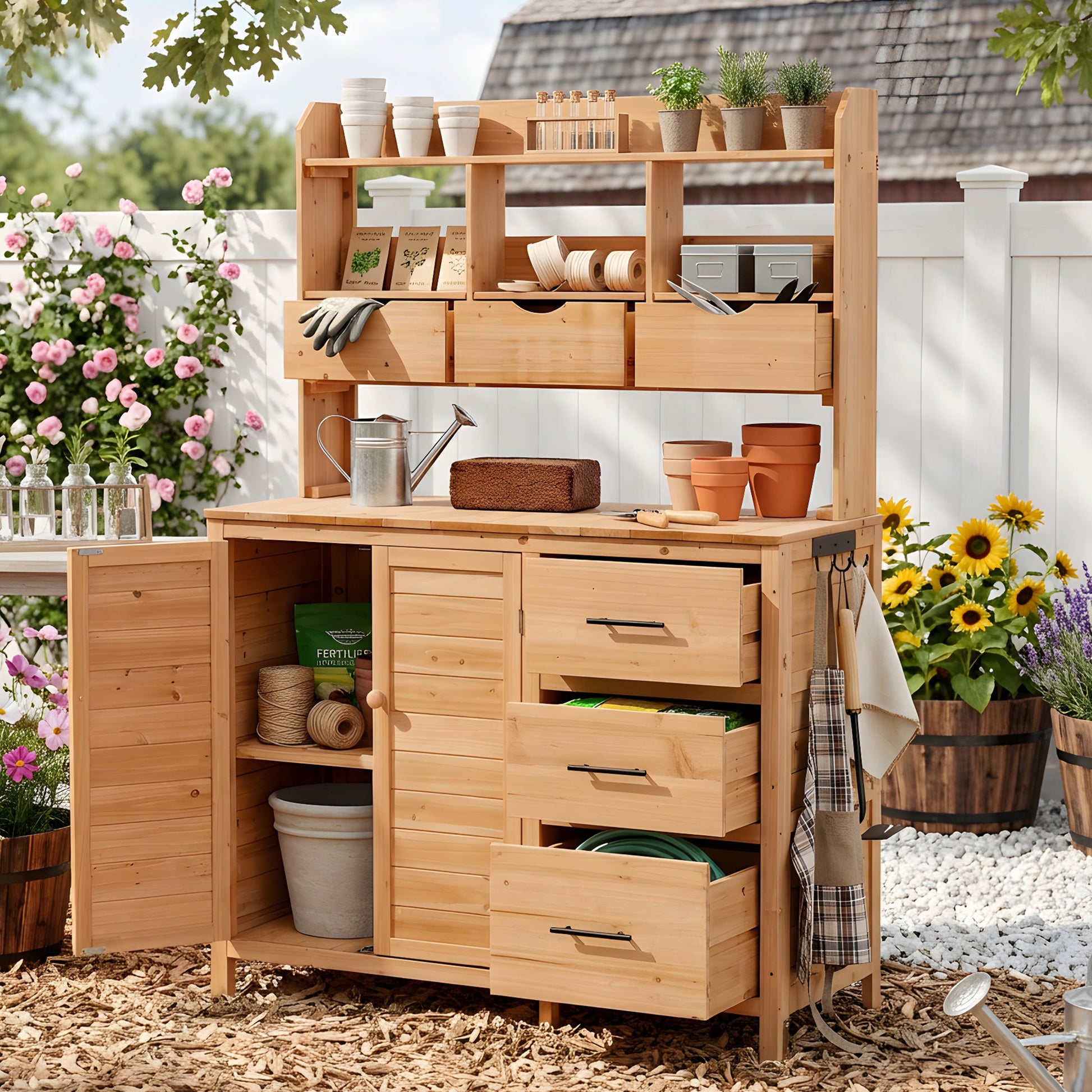 (With Assembly Video) TOPMAX Farmhouse Patio Potting Bench, 44.6''x19.5'' Large Freestanding Garden Workstation with 6 Drawers, Bottom Cabinet and Side Hook, Outdoor Kitchen Island, Natural Wood image 1