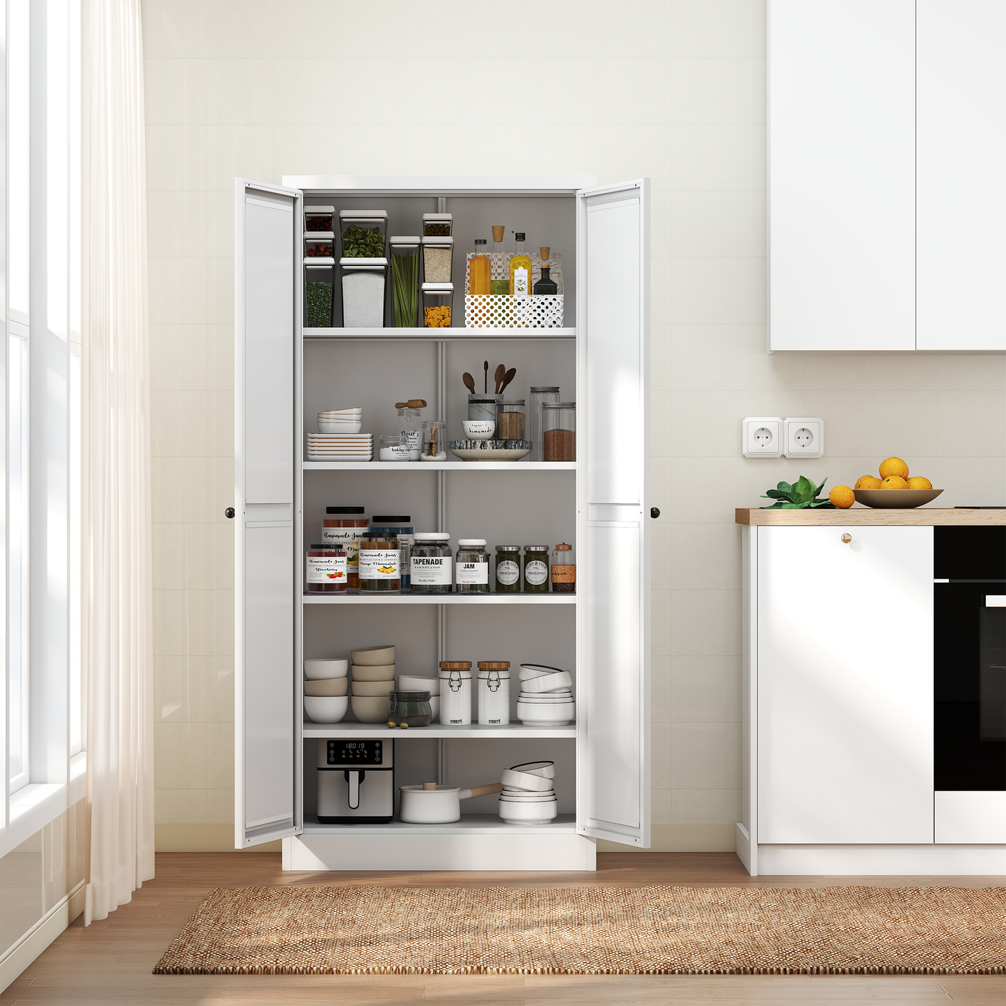 61" White Metal Kitchen Pantry Cabinet Adjustable Storage with 4 Shelves (110lb Capacity), Heavy Duty Freestanding Pantry Organizer for Kitchen, Pantry, Living Room image 5