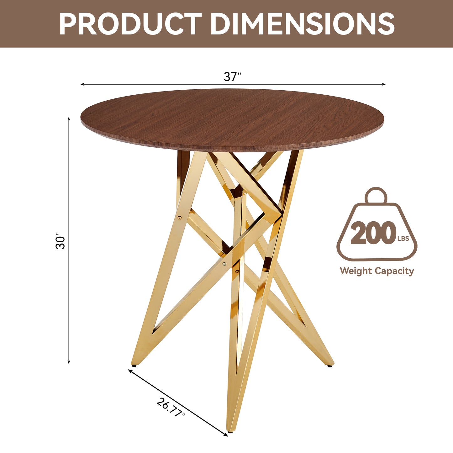 37Inch Round Dining Table, Small Round Kitchen Table With Golden Metal Legs, Suitable For 2 To 4 People, Modern Dining Room Table, Brown, Walnut Color. image 9