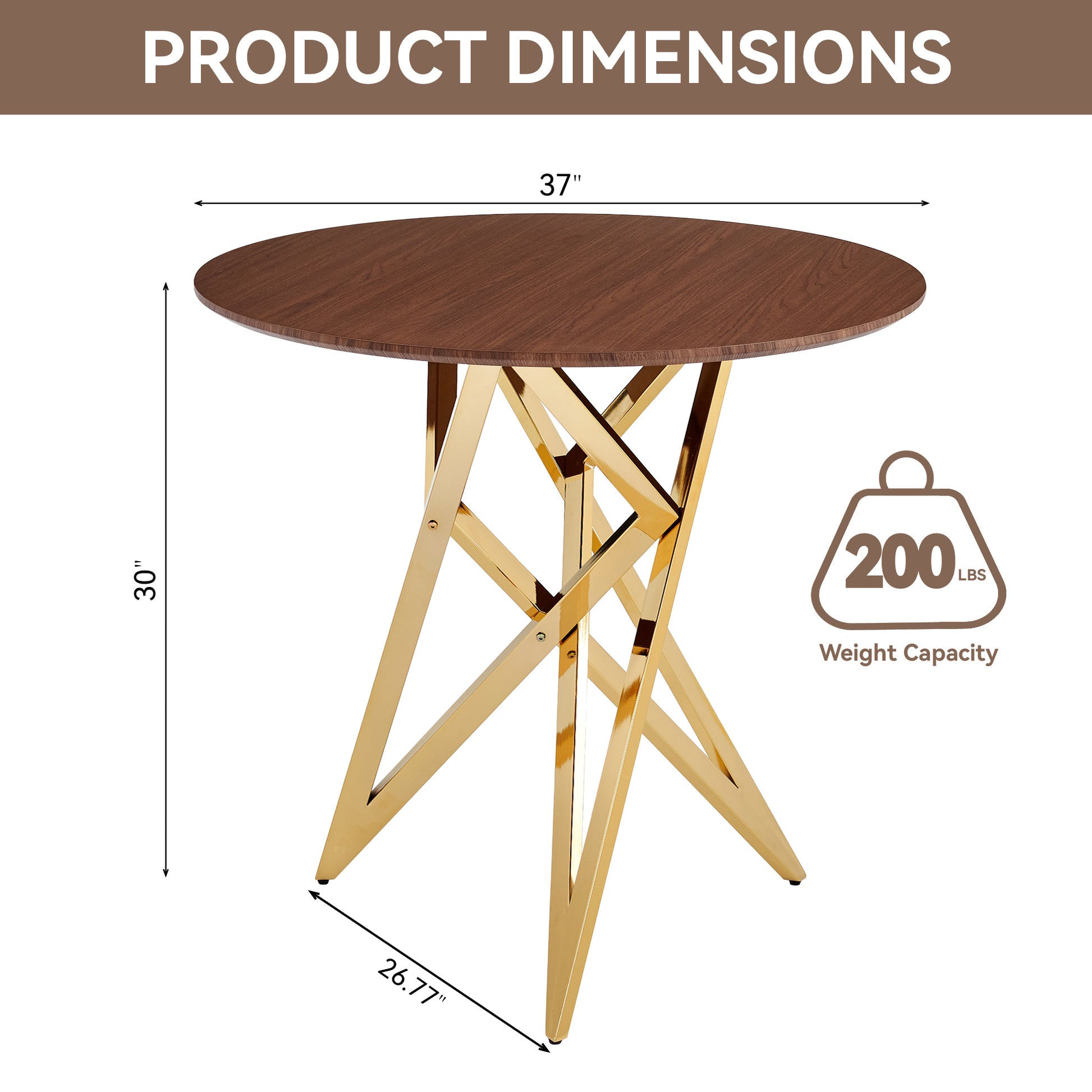 37Inch Round Dining Table, Small Round Kitchen Table With Golden Metal Legs, Suitable For 2 To 4 People, Modern Dining Room Table, Brown, Walnut Color. image 9
