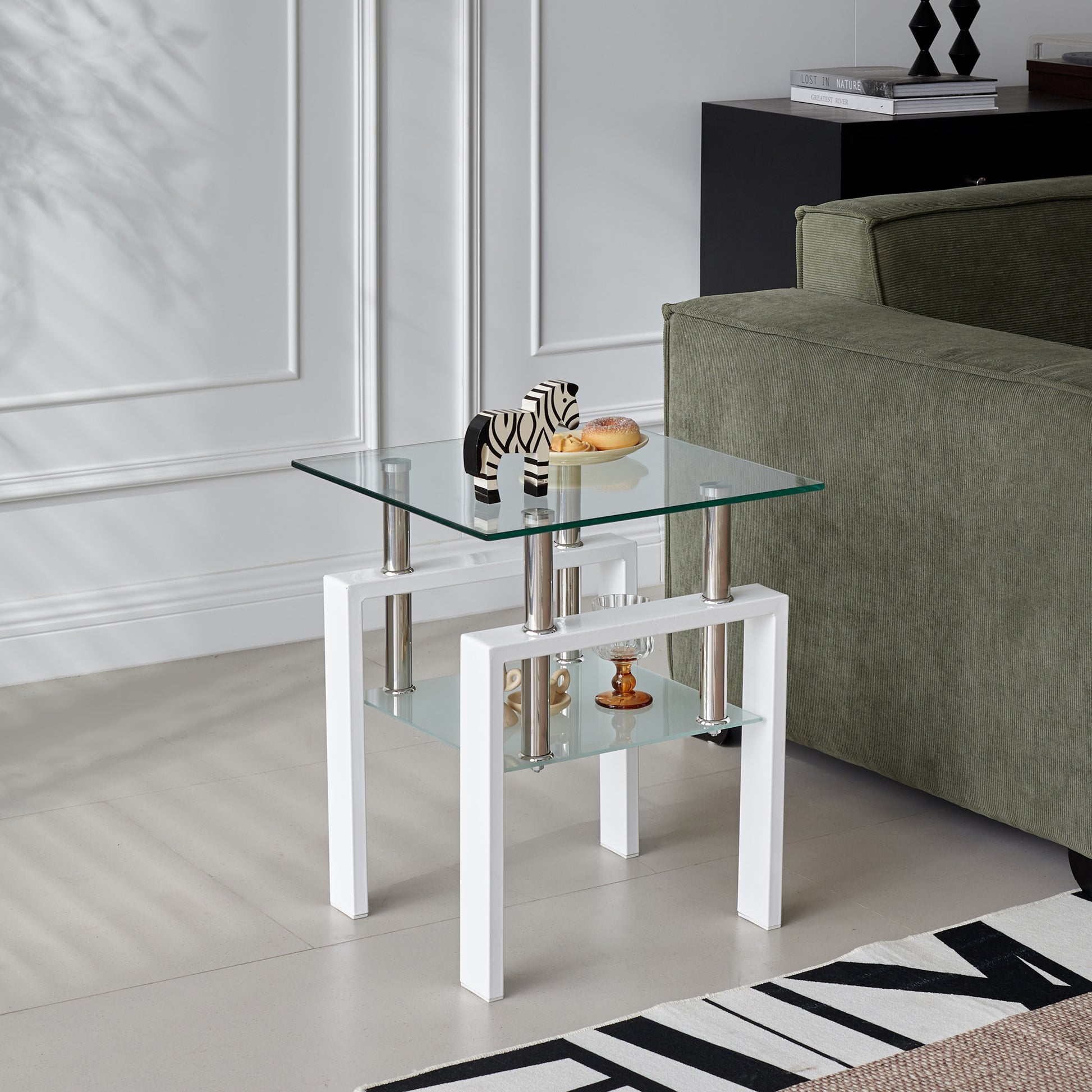 2 pieces White Tempered Clear Glass End Table, 2-Layers Small Table with Storage, Living Room Side Table image 5