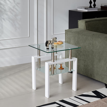 2 pieces White Tempered Clear Glass End Table, 2-Layers Small Table with Storage, Living Room Side Table image 5