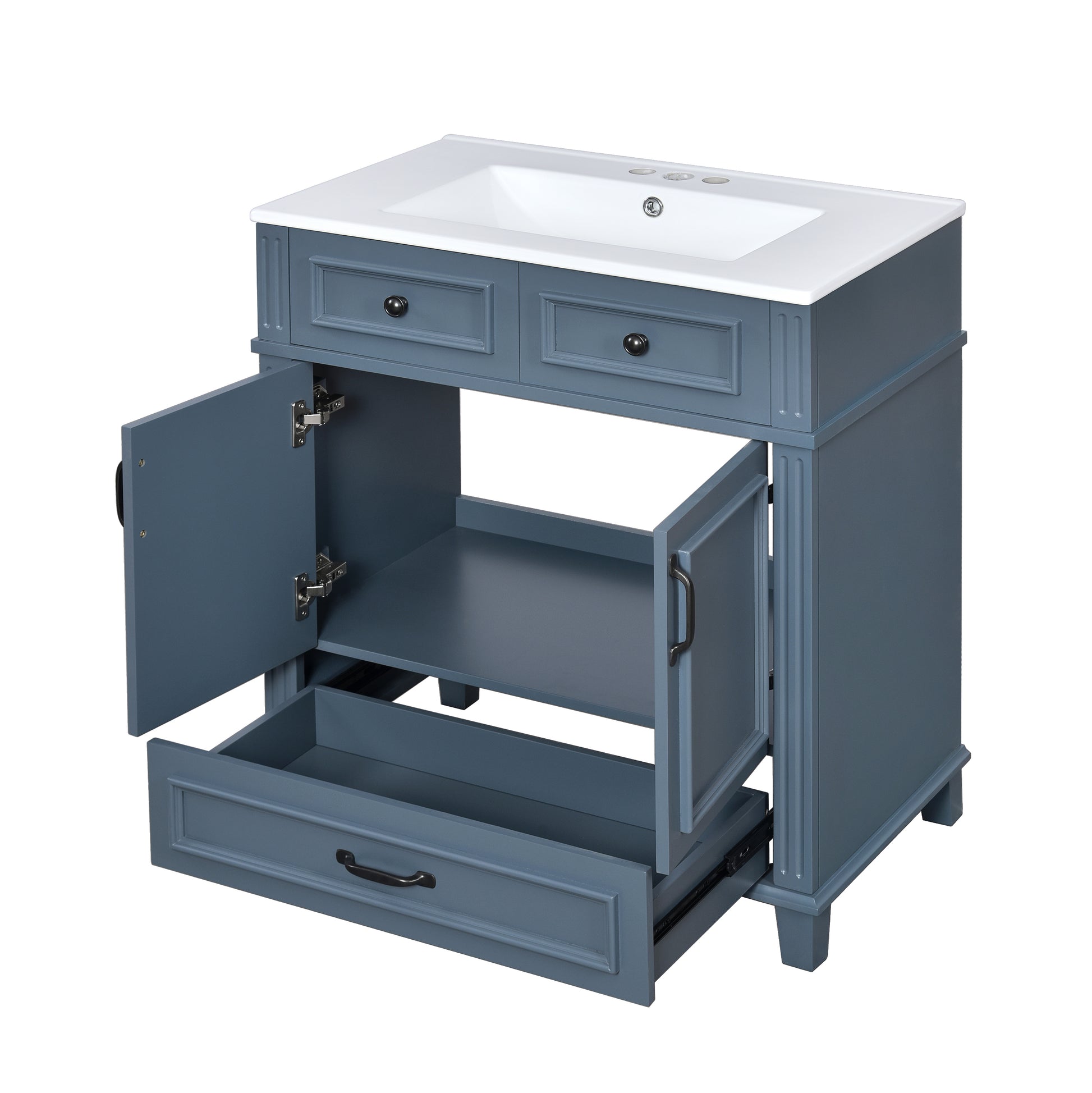 30'' Bathroom Vanity with Ceramic Sink,Solid Wood Frame Bathroom Storage Cabinet with Soft Closing Doors,Retro Style, Blue image 12