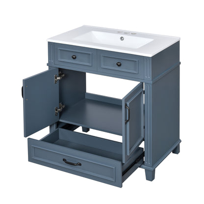 30'' Bathroom Vanity with Ceramic Sink,Solid Wood Frame Bathroom Storage Cabinet with Soft Closing Doors,Retro Style, Blue image 12