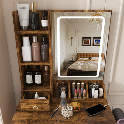 Modern small Vanity Desk,featuring 3 modes of LED lighting with adjustable brightness, 3 drawers and multiple open storage shelves, a hair dryer holder and power socket, and a dressing chair. brown image 12