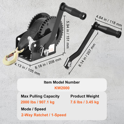 Hand Winch, 2000 lbs Pulling Capacity, Boat Trailer Winch Heavy Duty Rope Crank with 23 ft Polyester Strap and Two-Way Ratchet, Manual Operated Hand Crank Winch for Trailer, Boat or ATV Towing image 7