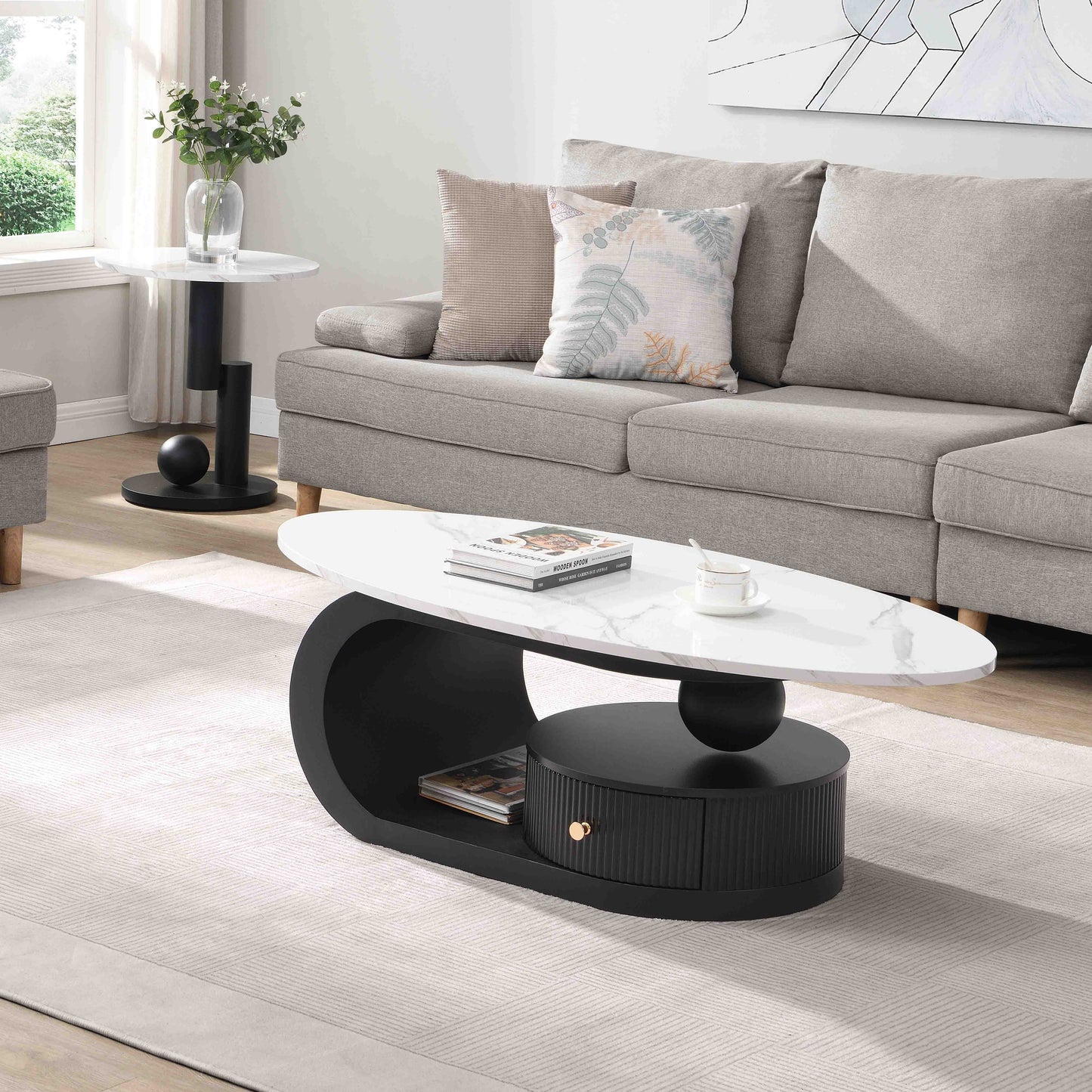 Modern Nesting Coffee Table Set of 2 End Table for Living Room, Oval and Round Table Set image 2
