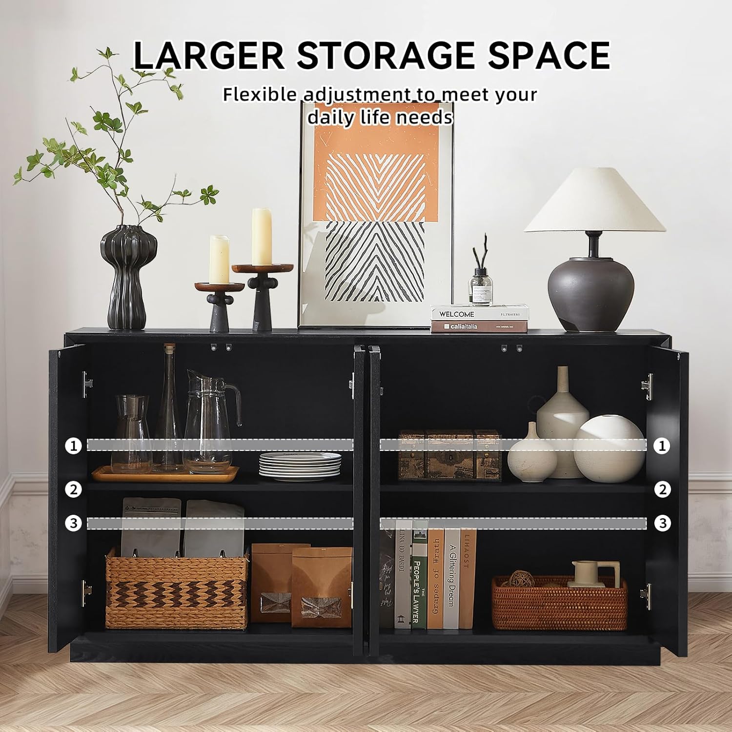 4 Door Accent Cabinet with Solid Wood Carved Doors, Adjustable Shelves, Push to Open Storage Cabinet with Cable Management, Ash Veneer Sideboard for Living Room, image 8