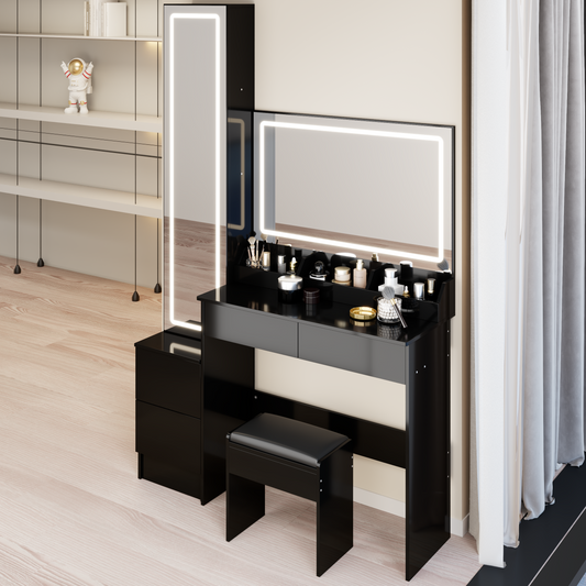 Extra Large LED Mirror Vanity Table + LED Dressing Mirror Cabinet + Cushioned Stool, Double Large LED Mirror, Touch Control, 3-color Switch, Brightness adjustable, Multi-layer High Capacity Storage image 1