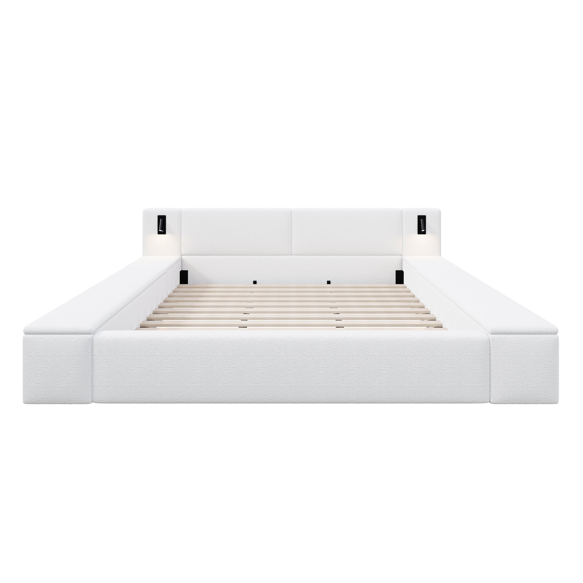 Queen Size Teddy Fleece Upholstered Platform Bed Frame with Massive Hidden Storage, Modern Bouclé Fabric Bed with Built-in Nightstands & LED Reading Lights, Wood Slats, No Box Spring Needed, White image 12