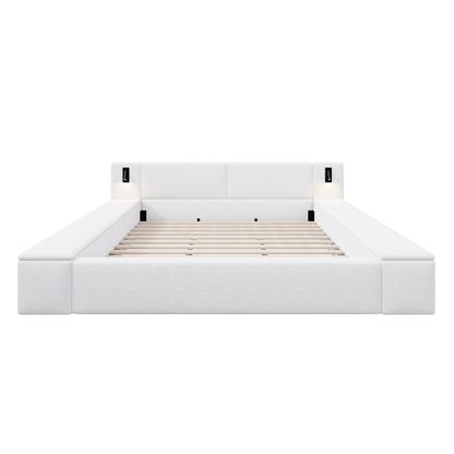 Queen Size Teddy Fleece Upholstered Platform Bed Frame with Massive Hidden Storage, Modern Bouclé Fabric Bed with Built-in Nightstands & LED Reading Lights, Wood Slats, No Box Spring Needed, White image 12