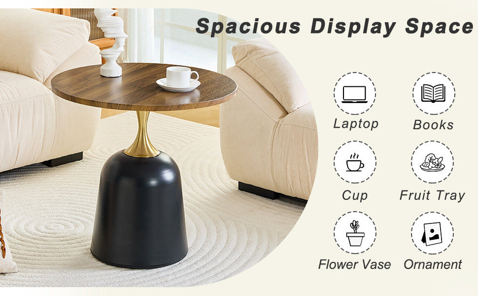 23.6 inch circular side table coffee table, metal base living room table, simple and modern walnut wood grain decoration, negotiation table, unique circular sofa headboard office desk. image 8