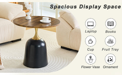 23.6 inch circular side table coffee table, metal base living room table, simple and modern walnut wood grain decoration, negotiation table, unique circular sofa headboard office desk. image 8
