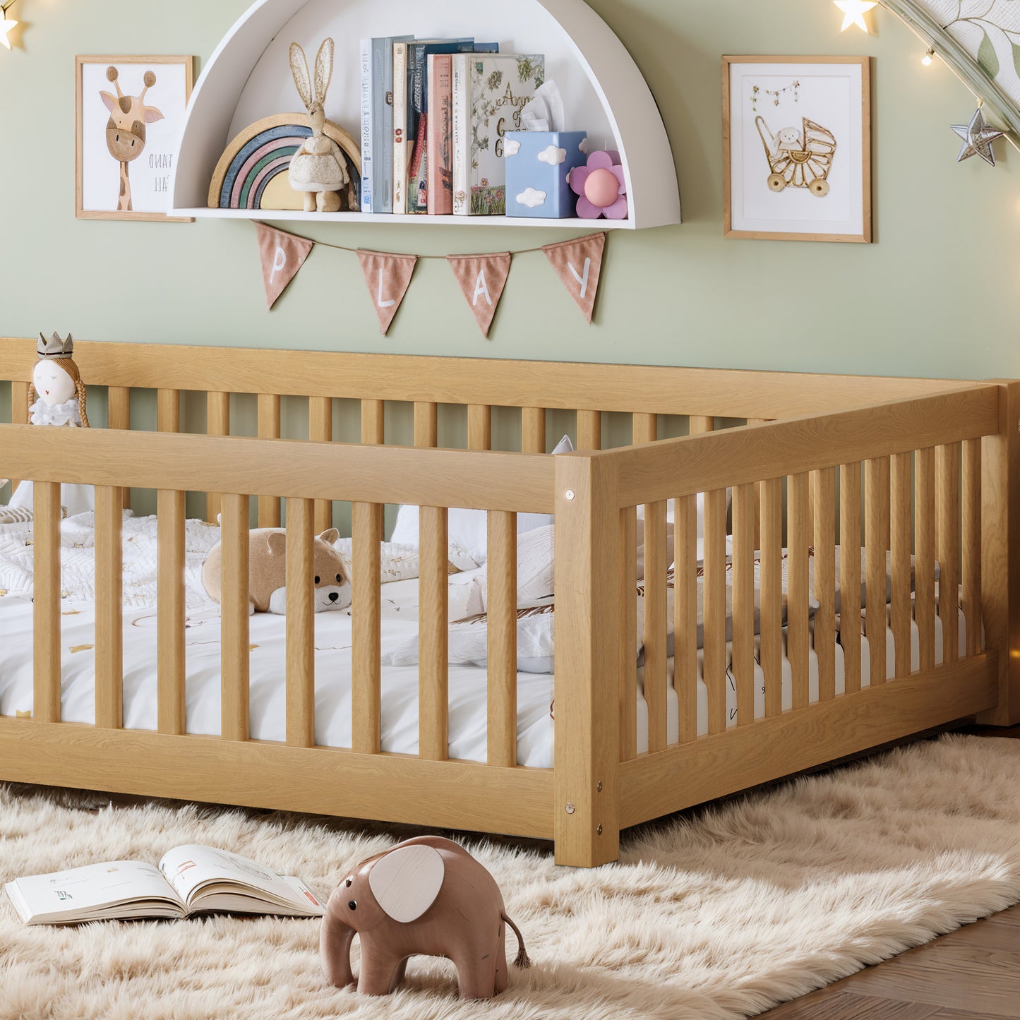 Queen Size Bed Floor Bed with Safety Guardrails and Door for Kids, Natural image 6
