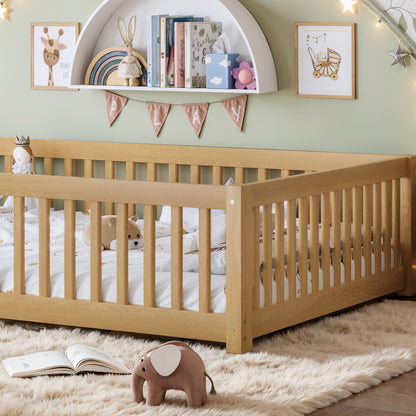 Queen Size Bed Floor Bed with Safety Guardrails and Door for Kids, Natural image 6