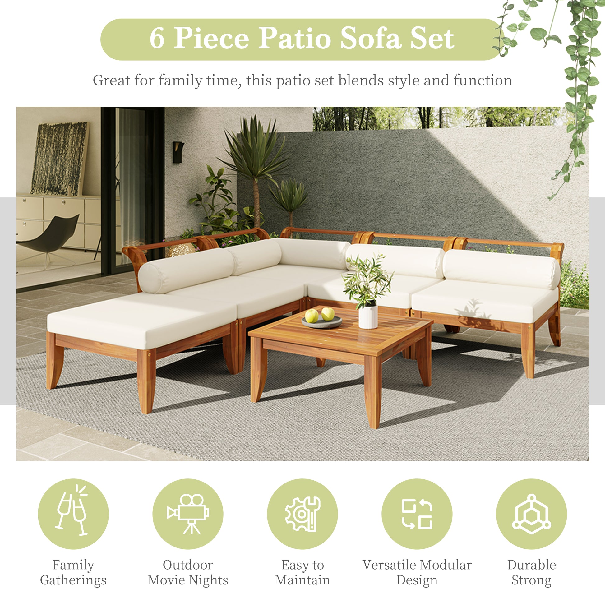 TOPMAX 6 Piece Patio Sofa Set, Acacia Wood Outdoor Modular Sectional Garden Furniture Set L-Shaped Conversation Set, Convertible Daybed with Tea Table, Ottoman, 5 Cushions and Pillows, Teak+Beige image 7