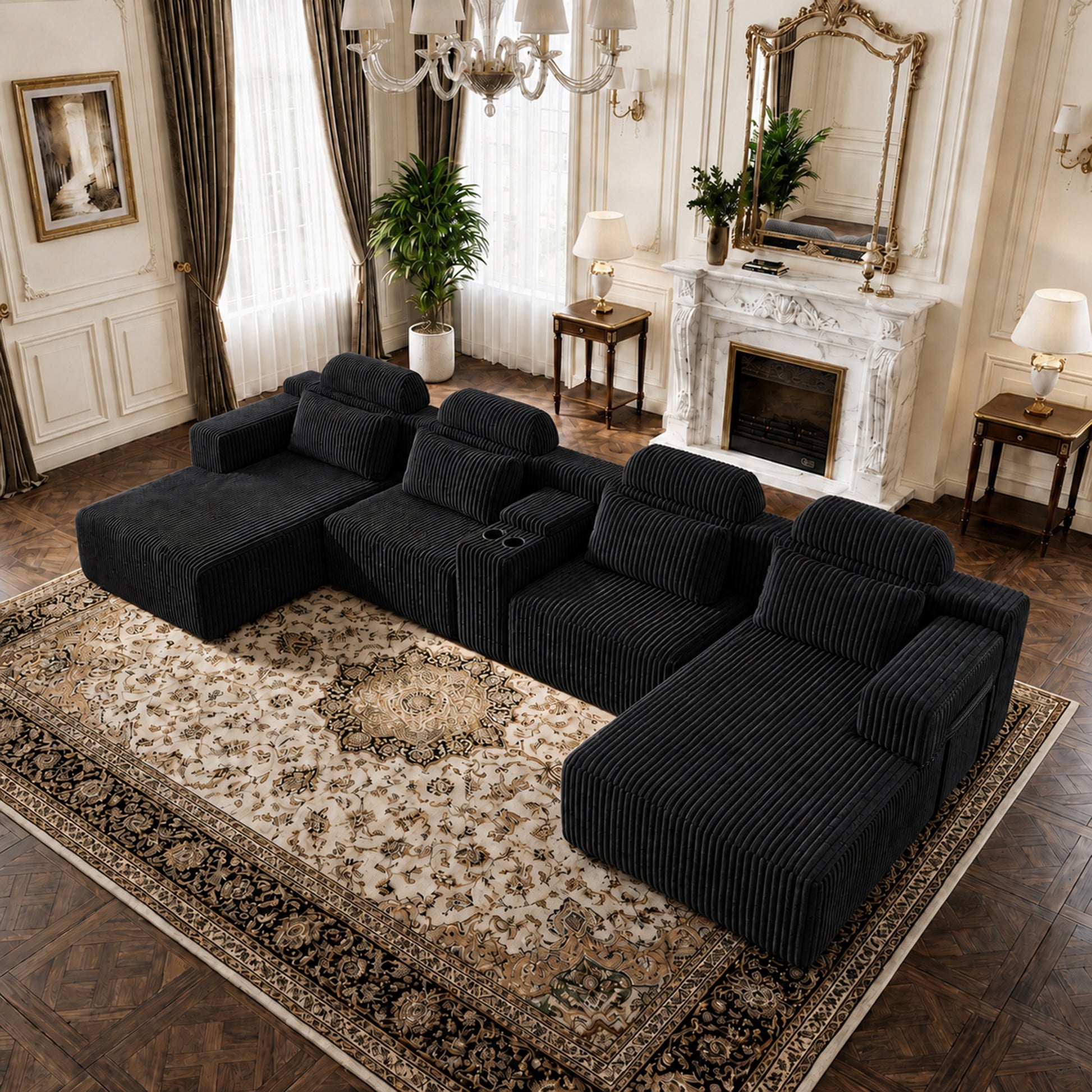 Modern Black corduroy 6-seater U-shaped sofa with lounge chair and cup holder -145.7 inch oversized modular compression sofa, suitable for home theaters, luxury living spaces, tool free assembly image 2