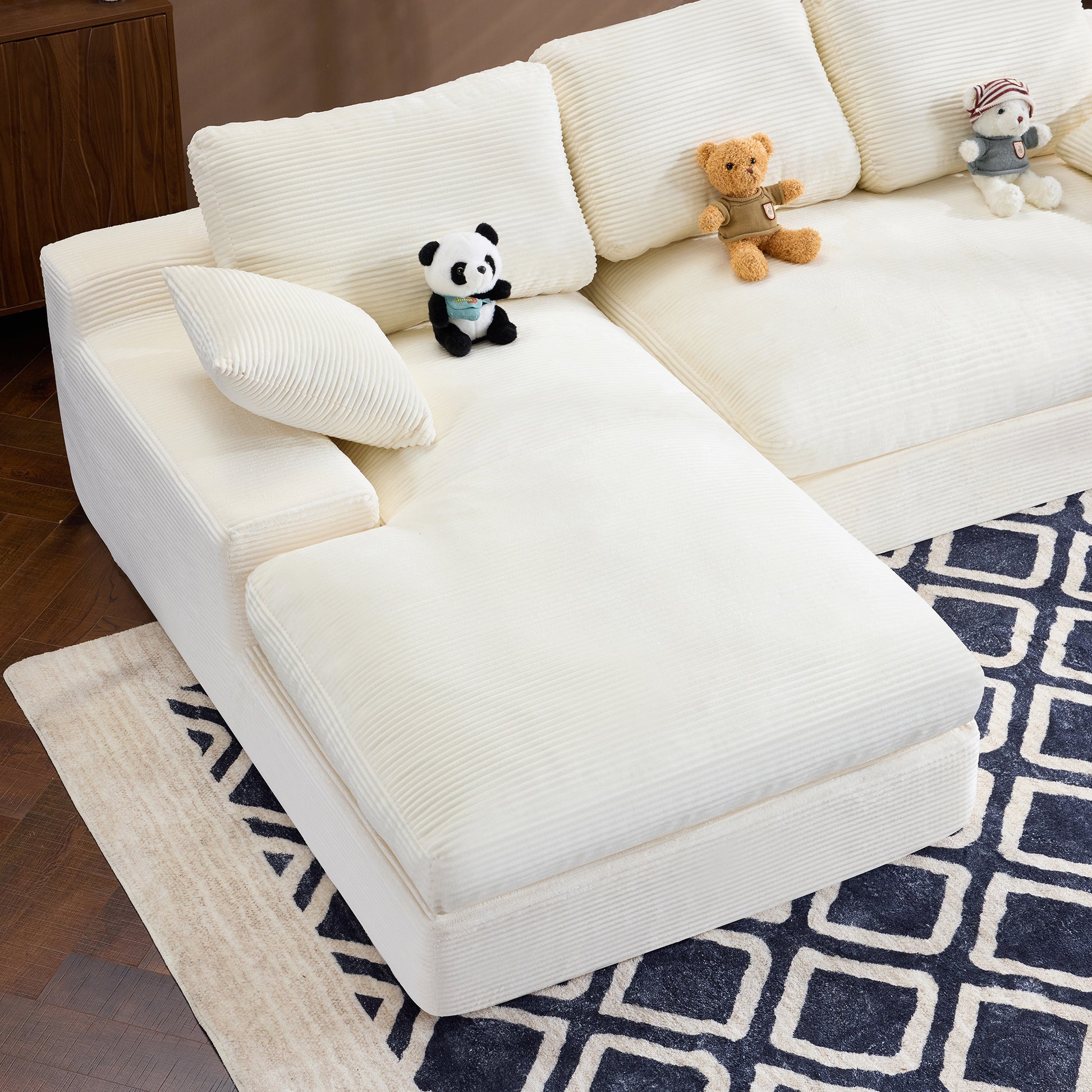 White corduroy compressed sofa. It has a soft and skin-friendly sitting feel, adding a healing atmosphere to the warm living room. It comes with 3 back cushions and 2 throw pillows. image 10