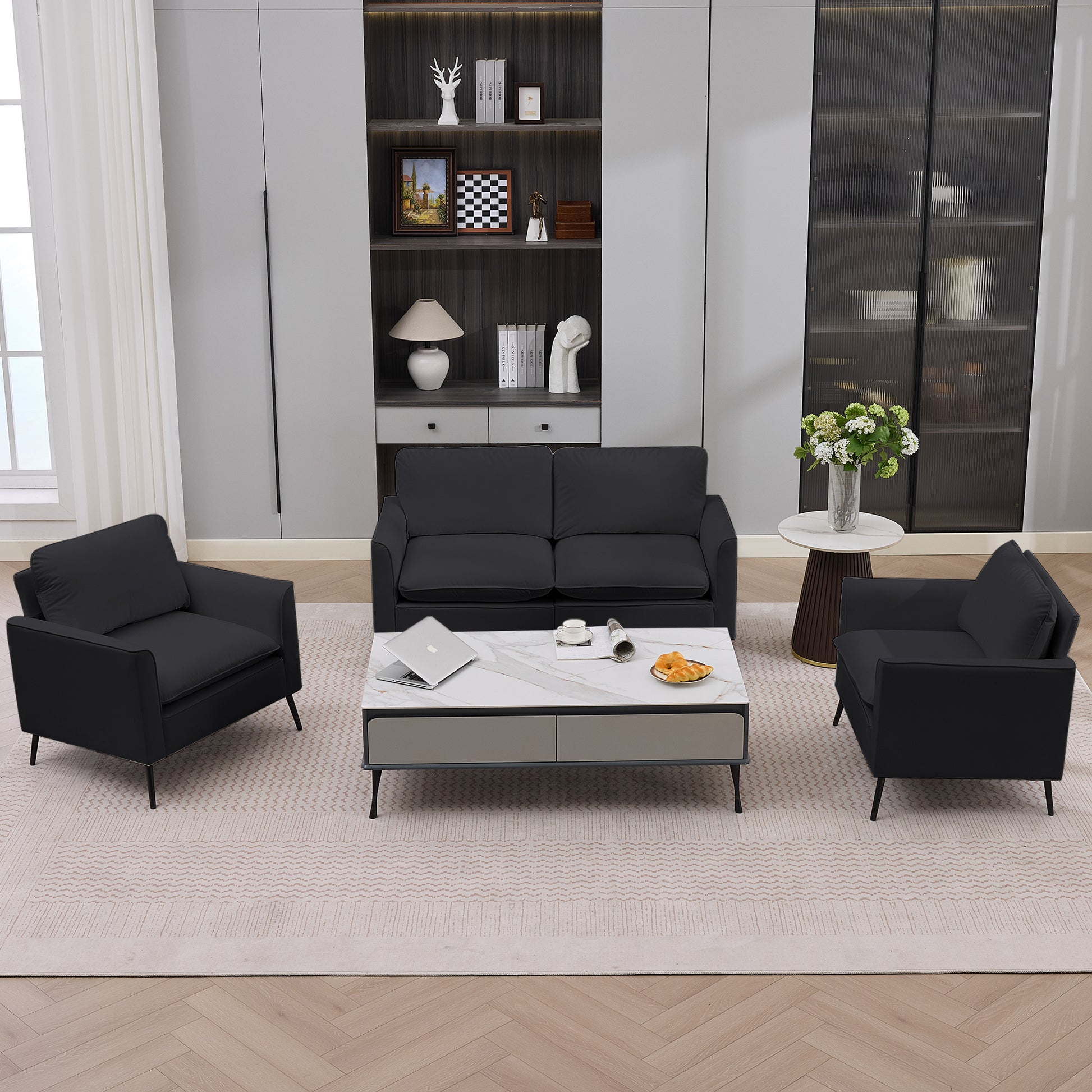 TS Cat paw leather upholstered sofa loveseat,Nordic retro light luxury living room balcony bedroom single casual sofa chair Double sofa + two pack combination (black) image 1