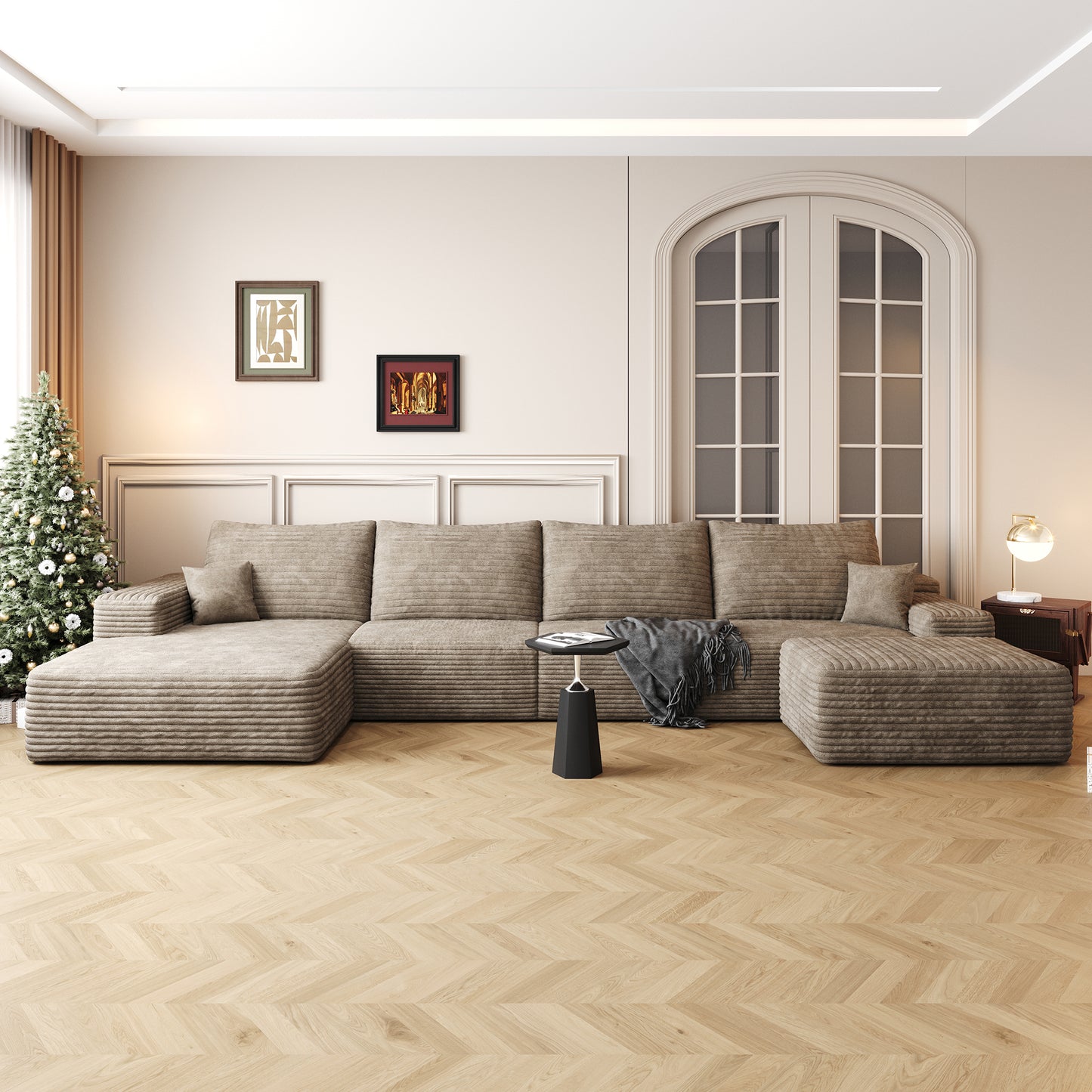 135" Cloud Sectional Sofa with 1 Ottoman,Modern Minimalist Upholstered Couches, Comfort U Shaped Sofa for Living Room,Deep Seat Corner Couch,No Assembly Required,Camel(Plush Corduroy Fabric) image 2