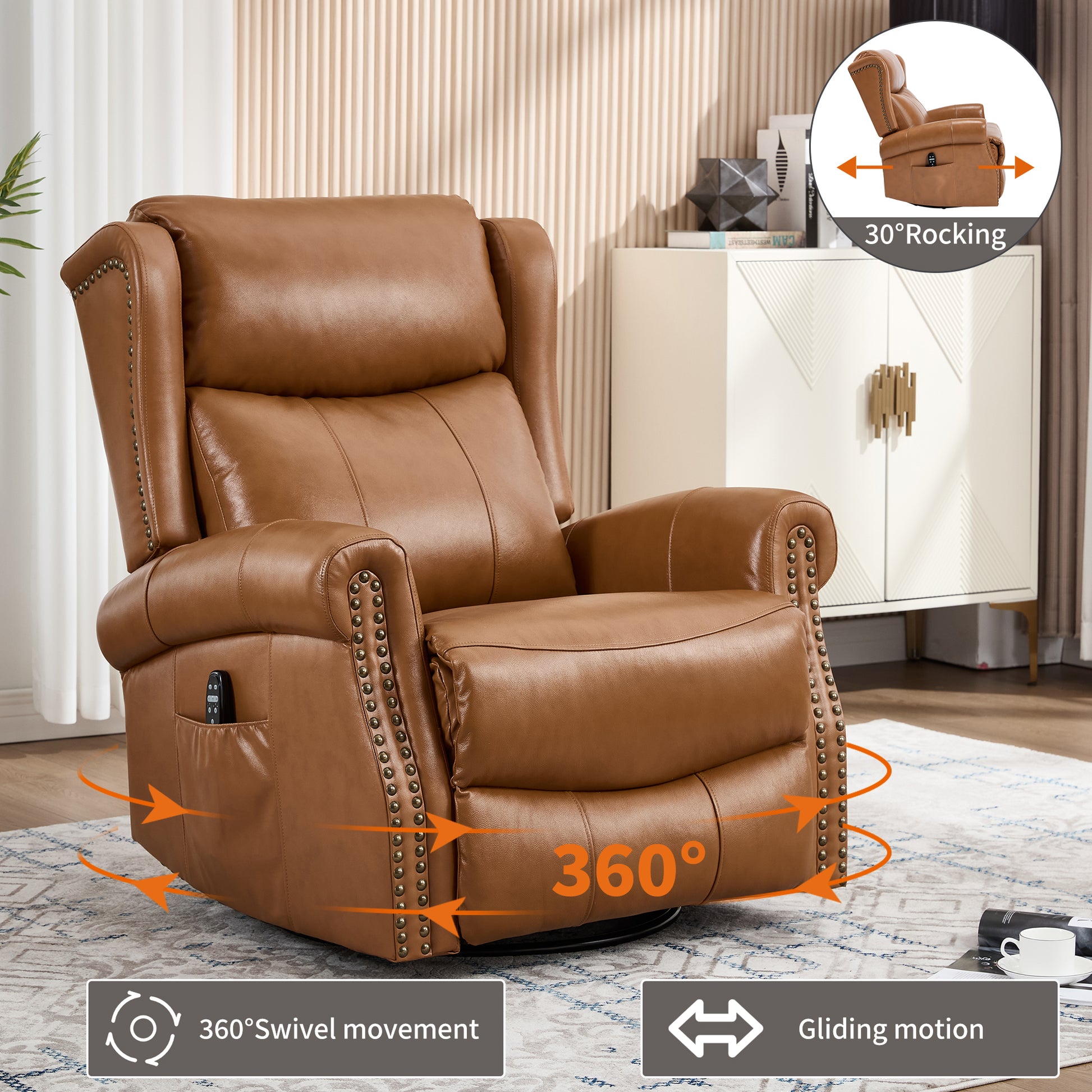 Heat Massage Manual Recliner Chair with Rocker and Swivel in Genuine leather for Living Room, Yellow image 9