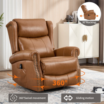 Heat Massage Manual Recliner Chair with Rocker and Swivel in Genuine leather for Living Room, Yellow image 9