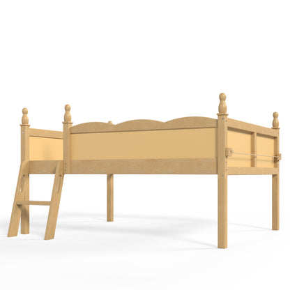 Full Size Loft Bed with Full-Length Guardrails, Solid Wood Low Loft Bed with Ladders and Beside Book Shelf, Chic Shape and Low Profile Design, Natural image 8