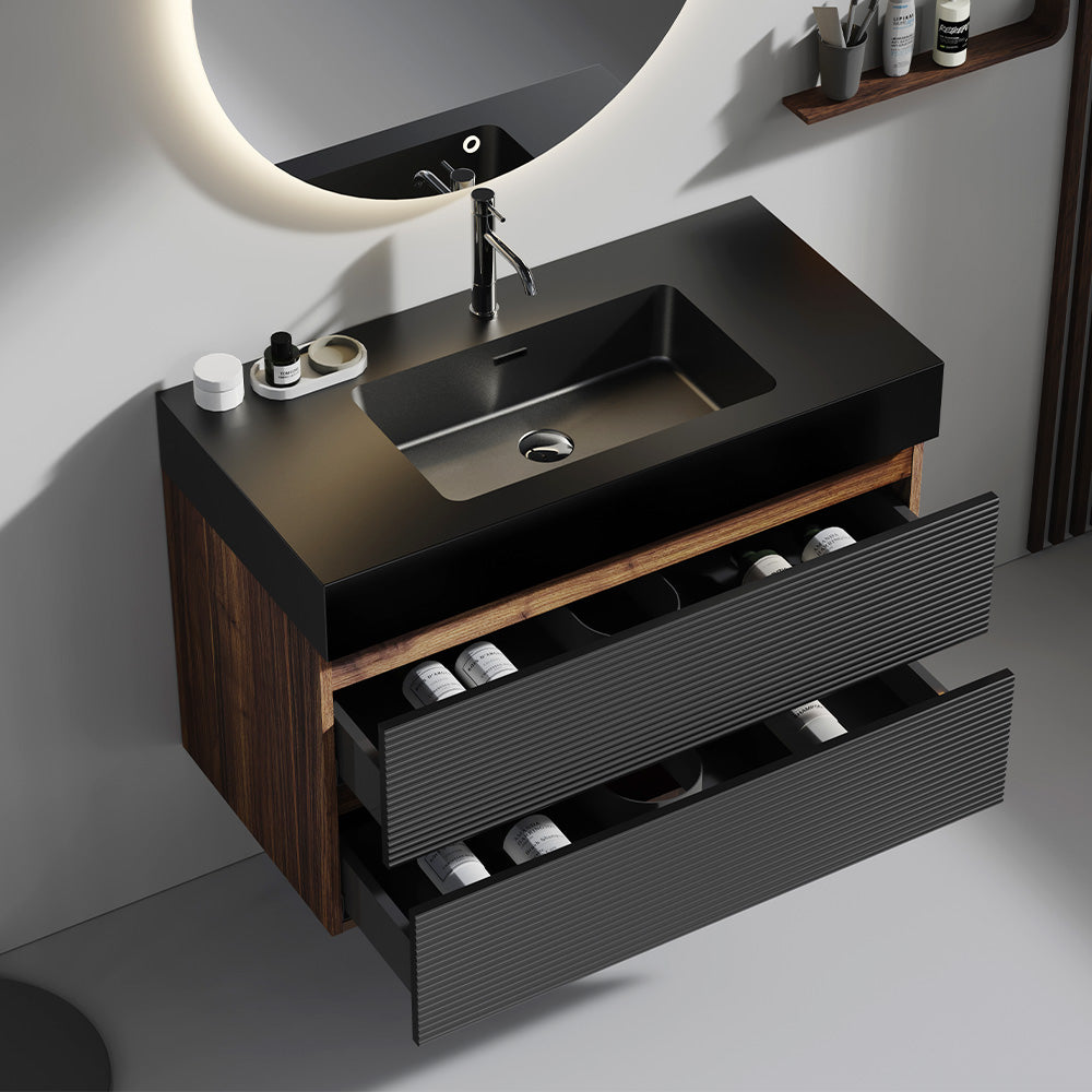 Grace 36" Walnut Bathroom Vanity with Matt Black Engineered Quartz Sink and Soft Black Drawers, Wall Mounted Floating Bathroom Vanity for Modern Bathroom, without drainage and faucet, KD image 6