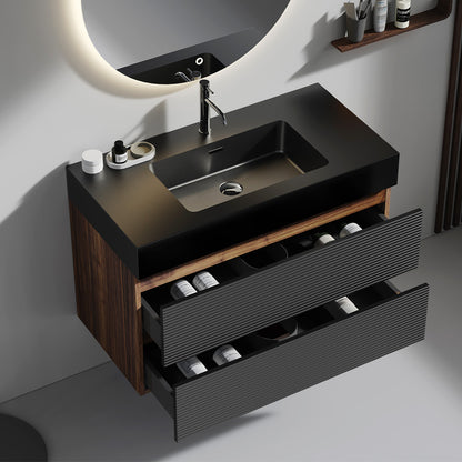 Grace 36" Walnut Bathroom Vanity with Matt Black Engineered Quartz Sink and Soft Black Drawers, Wall Mounted Floating Bathroom Vanity for Modern Bathroom, without drainage and faucet, KD image 6