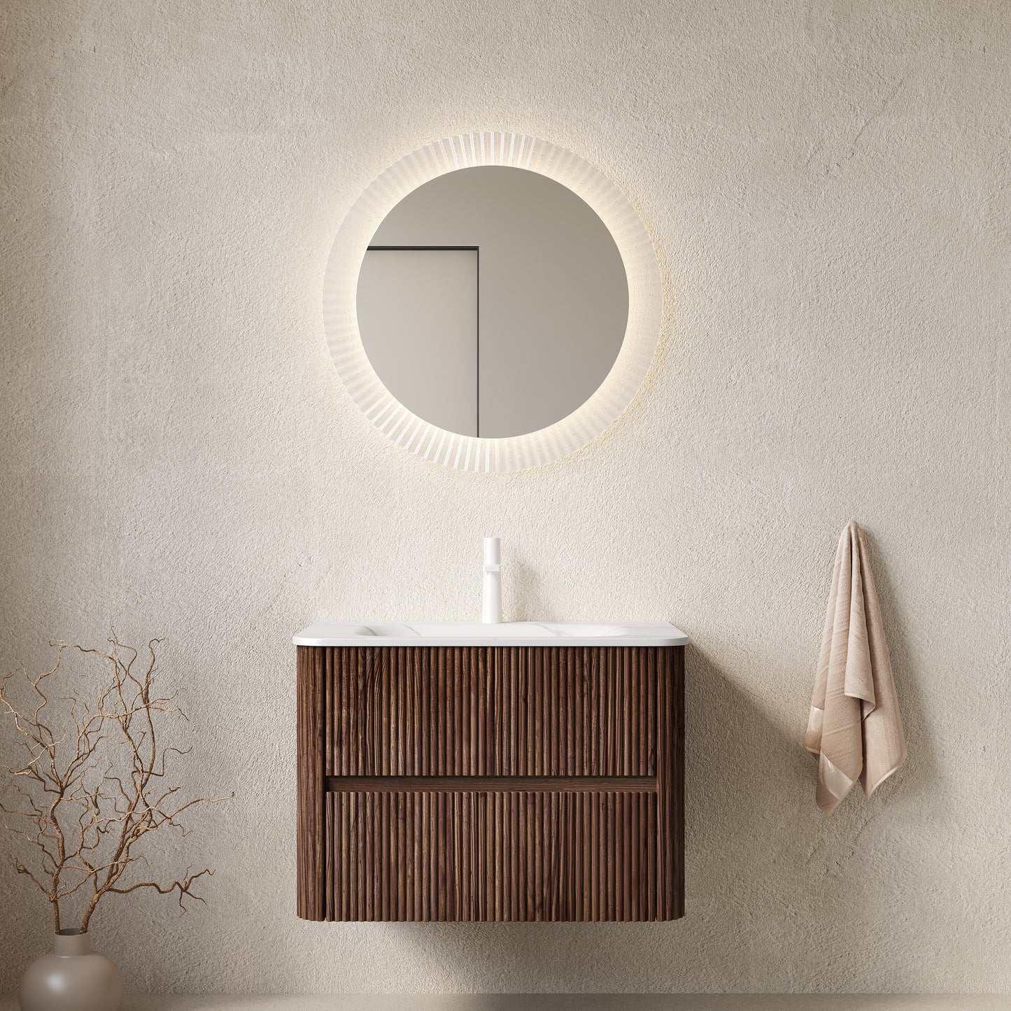 NOOR 30" Bathroom Vanity with Sink, Wall-Mounted Floating Plywood Bathroom Storage Cabinet with 2 Drawers, Carrara White Basin, NO Faucet, Pre-assembled, Retro Walnut Woodgrain Color image 1