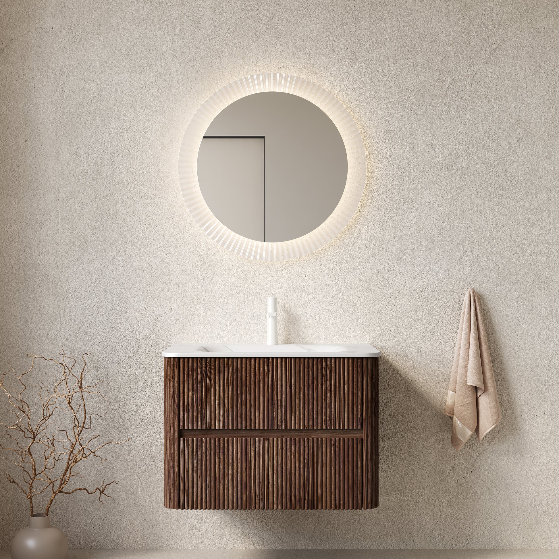 NOOR 30" Bathroom Vanity with Sink, Wall-Mounted Floating Plywood Bathroom Storage Cabinet with 2 Drawers, Carrara White Basin, NO Faucet, Pre-assembled, Retro Walnut Woodgrain Color image 1